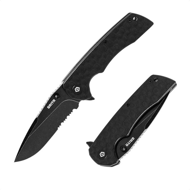 GRITR Stealth Folding Pocket Knife w/ 3.5" D2 Steel Blade, G10 Scales, Black