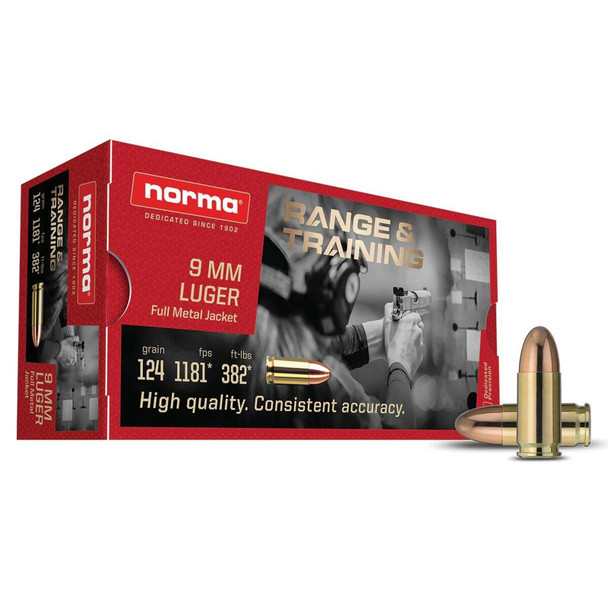 NORMA USA 9mm 124Gr 50rd Box FMJ Pistol Ammo (620340050)