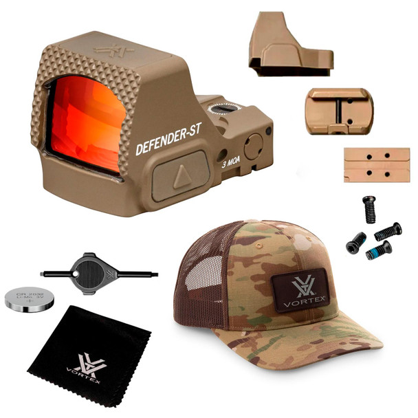 VORTEX Defender-ST 3 MOA Tan Micro Red Dot Sight with Men's Force On Force Multicam Camo Cap