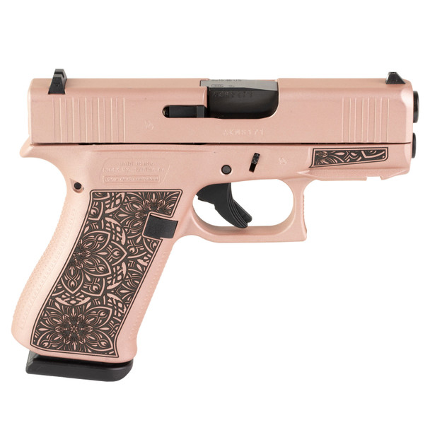 GLOCK 43X 9mm Luger 3.41in Barrel 2x 10rd Mags Custom Rose Gold Paisley w/ Laser Engraving Pistol (UX4350204FRNRGLASSKY)