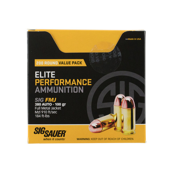 SIG SAUER Elite Performance 380 Auto 100 Grain FMJ Ammo 200 Round Box (E380B1-200)