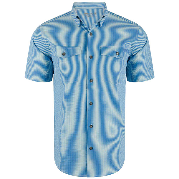 DRAKE WATERFOWL Men's Frat Seersucker Marina Blue Tonal Striped Button-Down Short Sleeve Shirt (DS2255-MBT)