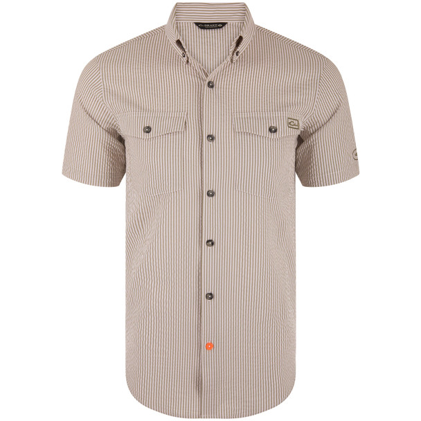 DRAKE WATERFOWL Men's Frat Seersucker Vetiver Striped Button-Down Short Sleeve Shirt (DS2255-VET)