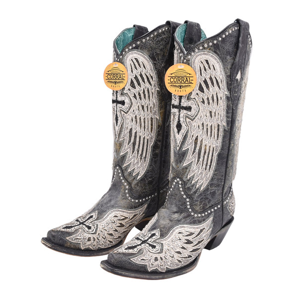 Open-box: CORRAL Ld Black Cross & Wings Overlay & Studs, Size: 7, Width: M (A4232-M-7) - Great condition, limited use