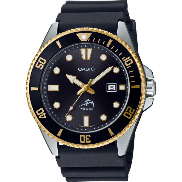 CASIO Men's Diver Inspired Stainless Steel Black/Gold Quartz Watch with Resin Strap (MDV106G-1AV)