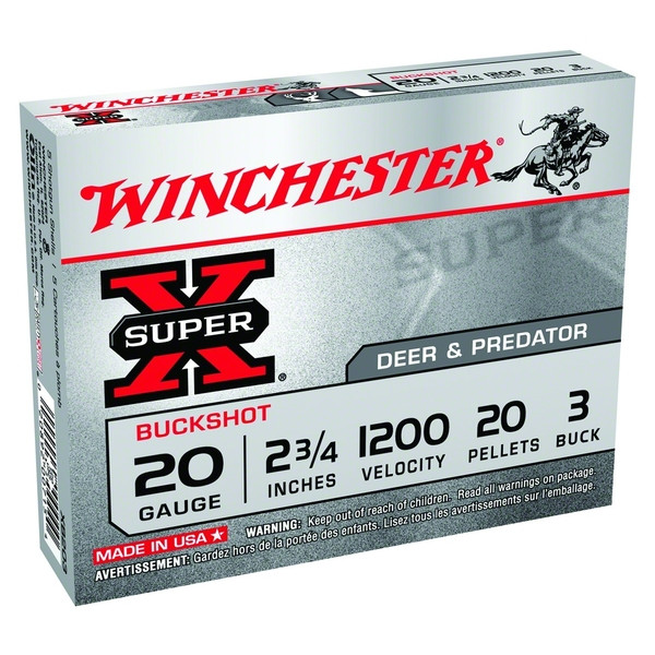 Winchester Ammo WINCHESTER Super-X Buckshot 20Ga 2.75in 3 Buck 20 Pellets Ammo 5 Round Box (XB203)