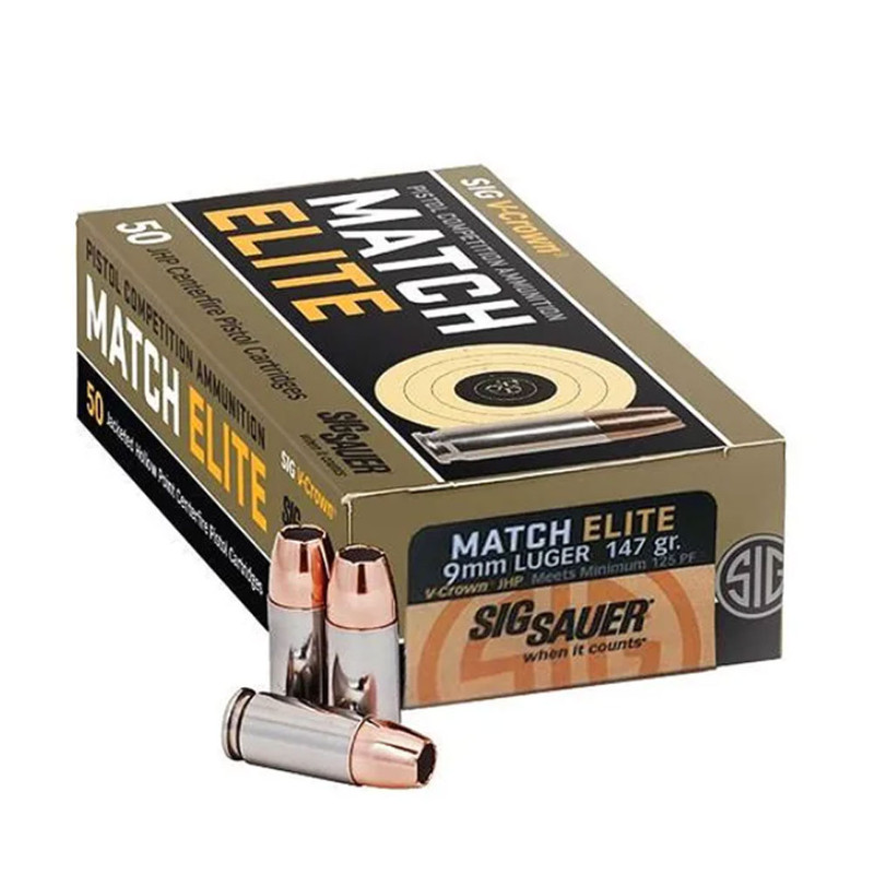 Sig Sauer SIG SAUER Match Elite 9mm 147Gr JHP 50rd Box Ammo (E9MMA3-COMP-50)