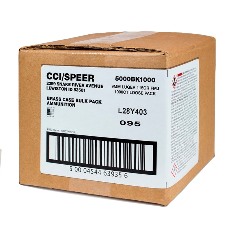 CCI CCI Blazer Brass 9mm 115Gr FMJ 1000rd Box Ammo (5000BK1000)