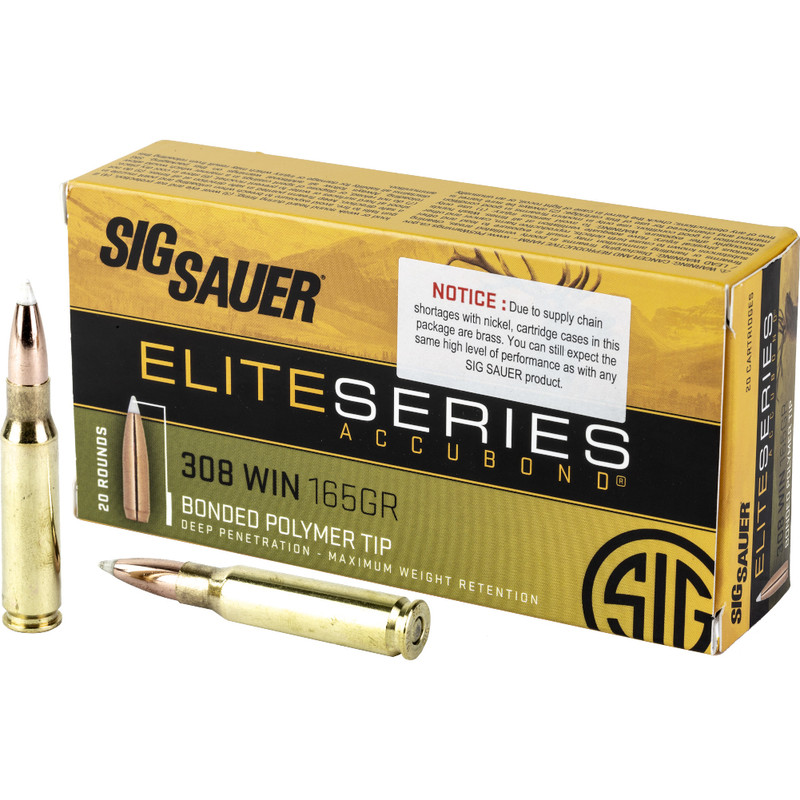 Sig Sauer Sig Sauer Elite Performance, Hunting, 308 Winchester, 165 Grain, Ballistic Tip, California Certified Nonlead Ammunition, 20 Round Box E308AB165-20