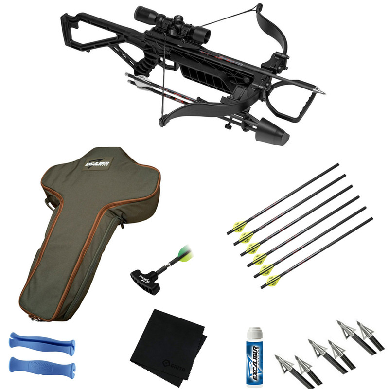 Excalibur EXCALIBUR Mag Air Black Crossbow Package, Extinguisher Arrow Puller & Lumenok Deactivator, Quill 16.5in Carbon 6-Pack Crossbow Arrows, Tomb Case, Boltcutter 150 Grain 6-Pack Broadheads, X-Slick Superior Rail Lubricant, GRITR Microfiber Cleaning Cloth