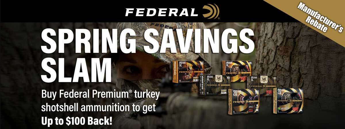 Stack up your savings this turkey season! Purchase at least two (2) boxes of qualifying Federal or Federal Premium turkey shotshells between March 1, 2026, and May 31, 2026, and get rewarded with up to $100 back.