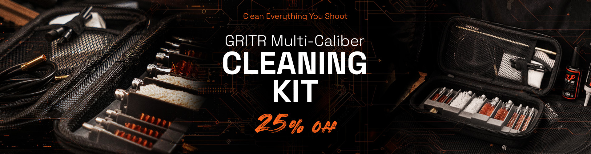 Graphic, GRITR multi‑caliber gun cleaning set arranged in open case, Text, 25% Off GRITR Multi‑Caliber & Universal Gun Cleaning Kit