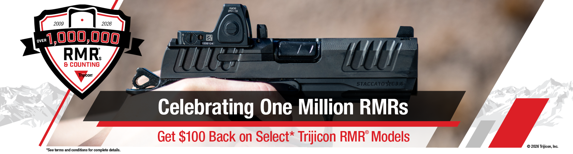 Buy any eligible Trijicon RMR Type 2 or Dual Defense Kit between April 3 and May 31 and claim a $100 rebate through a consumer offer.
