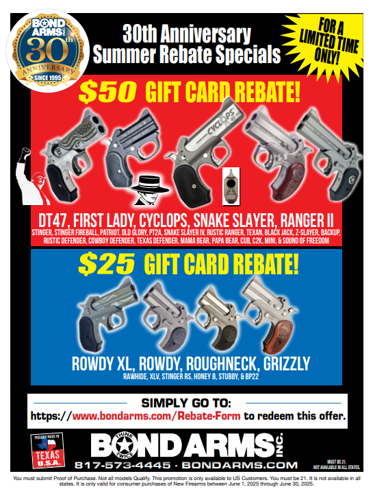 receive a $25 or $50 gift card when you buy a qualifying new Bond Arms firearm