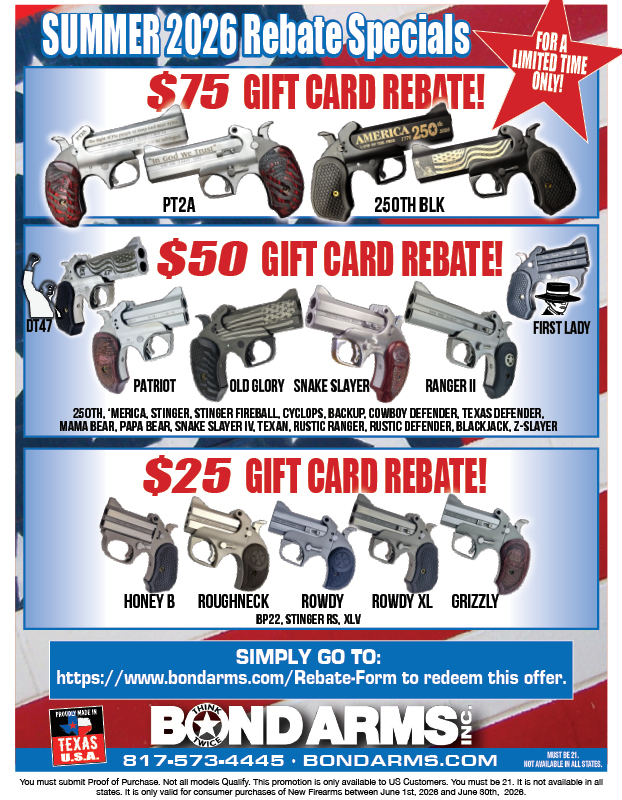 Get a $25, $50, or $75 Gift Card with Your New Bond Arms Firearm!