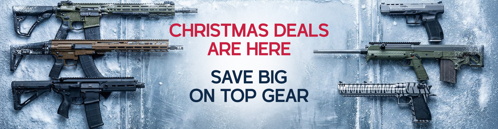 Graphic, variety of firearms displayed on icy background, text, Christmas Deals on GritrSports: Save Big on Top Gear 