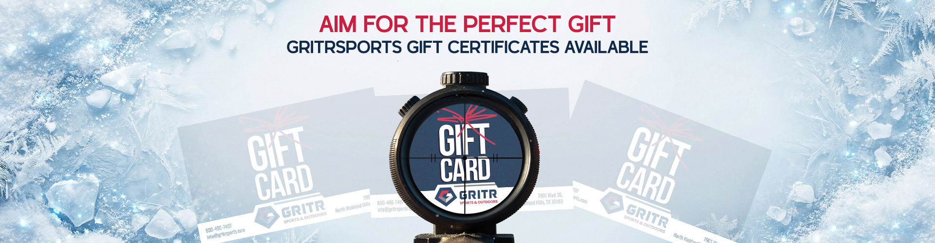 Graphic, rifle scope aimed at GRITR gift card with snowflake background, text,  Aim for the Perfect Gift — GritrSports Gift Cards Available