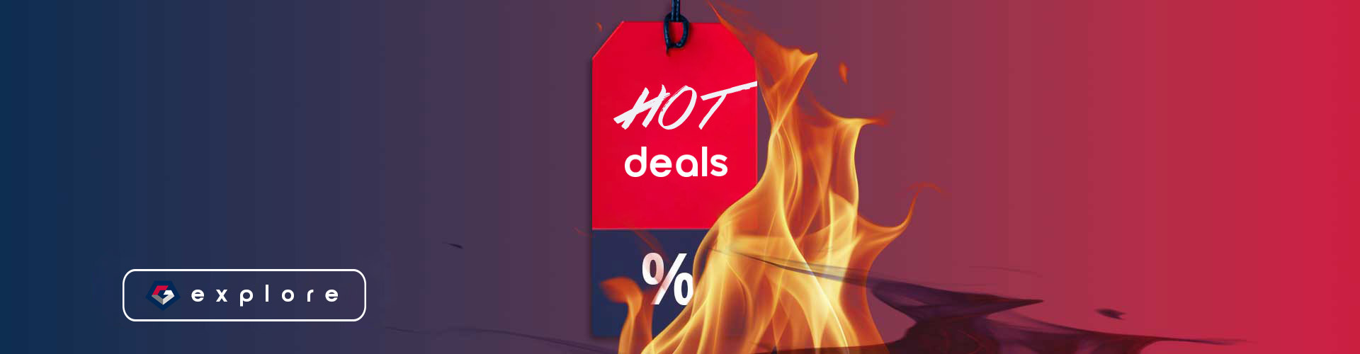 Graphic, red price tag with flames, text, HOT deals and discounts