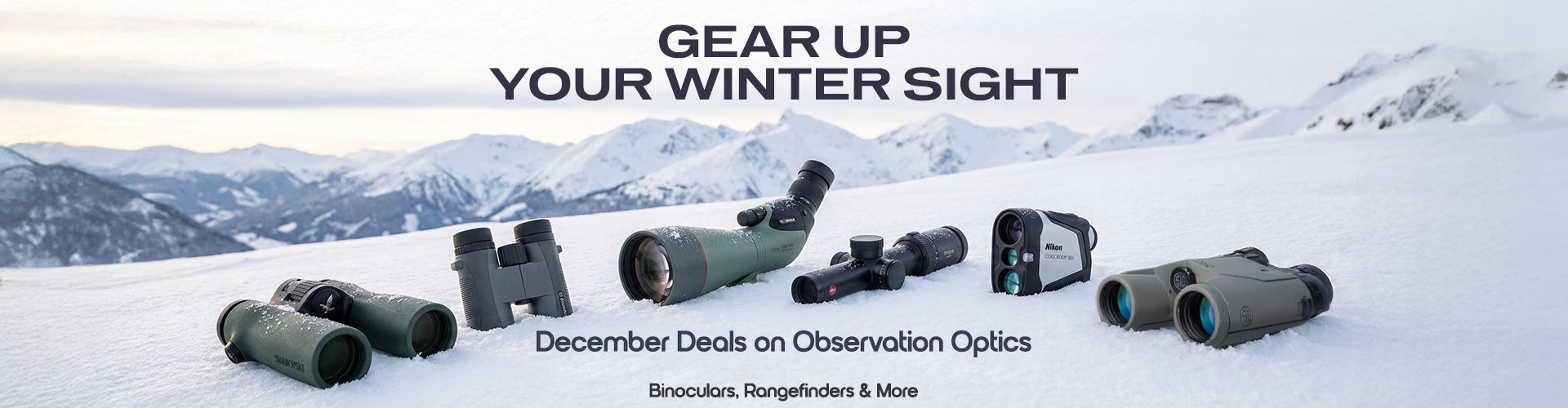 Graphic, observation optics on snowy mountain landscape, text, Observation Optics Deals This December: Up to 57% OFF Binoculars, Rangefinders & More