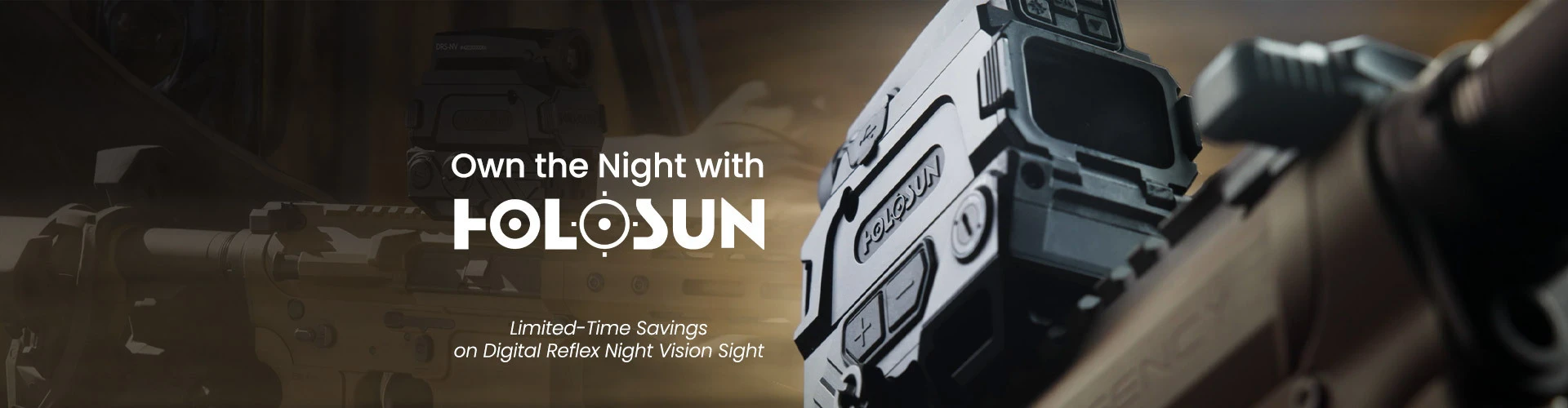 graphic, close-up of a black Holosun digital reflex night vision sight showing the rear screen mounted on a tan rifle with a dark background, text, Own the Night with HOLOSUN: Limited-Time Savings on Digital Reflex Night Vision Sight