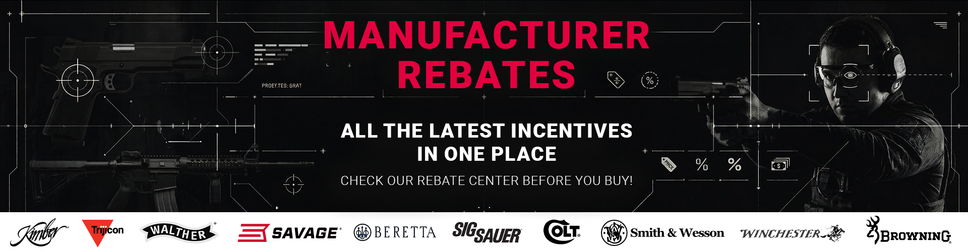 graphic, Spring Rebate Center: Score Big Savings. Features rebates from Sig Sauer, Leupold, Vortex, Bushnell, and more. Shop Rebates
