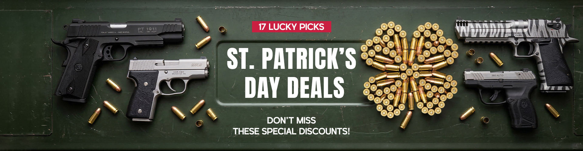 Graphic, St. Patrick’s Day-themed handgun display with golden bullets and shamrock motif, text, St. Patrick’s Day Deals: 17 Lucky Picks – Don’t Miss These Special Discounts!