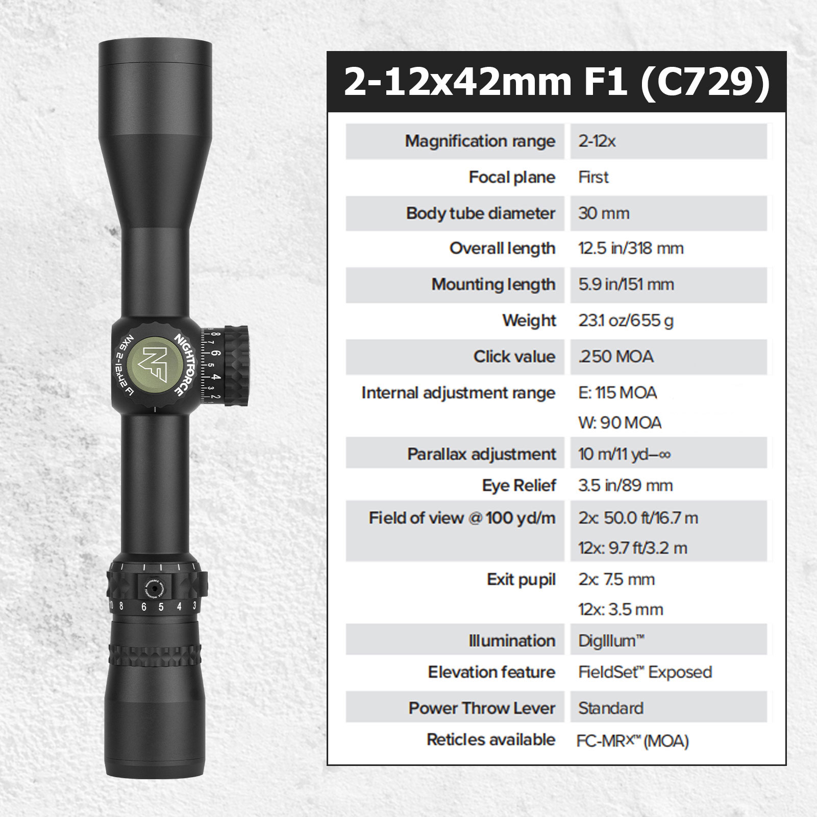 NIGHTFORCE NX6 2-12x42 F1 FC-MRx MOA Riflescope C729