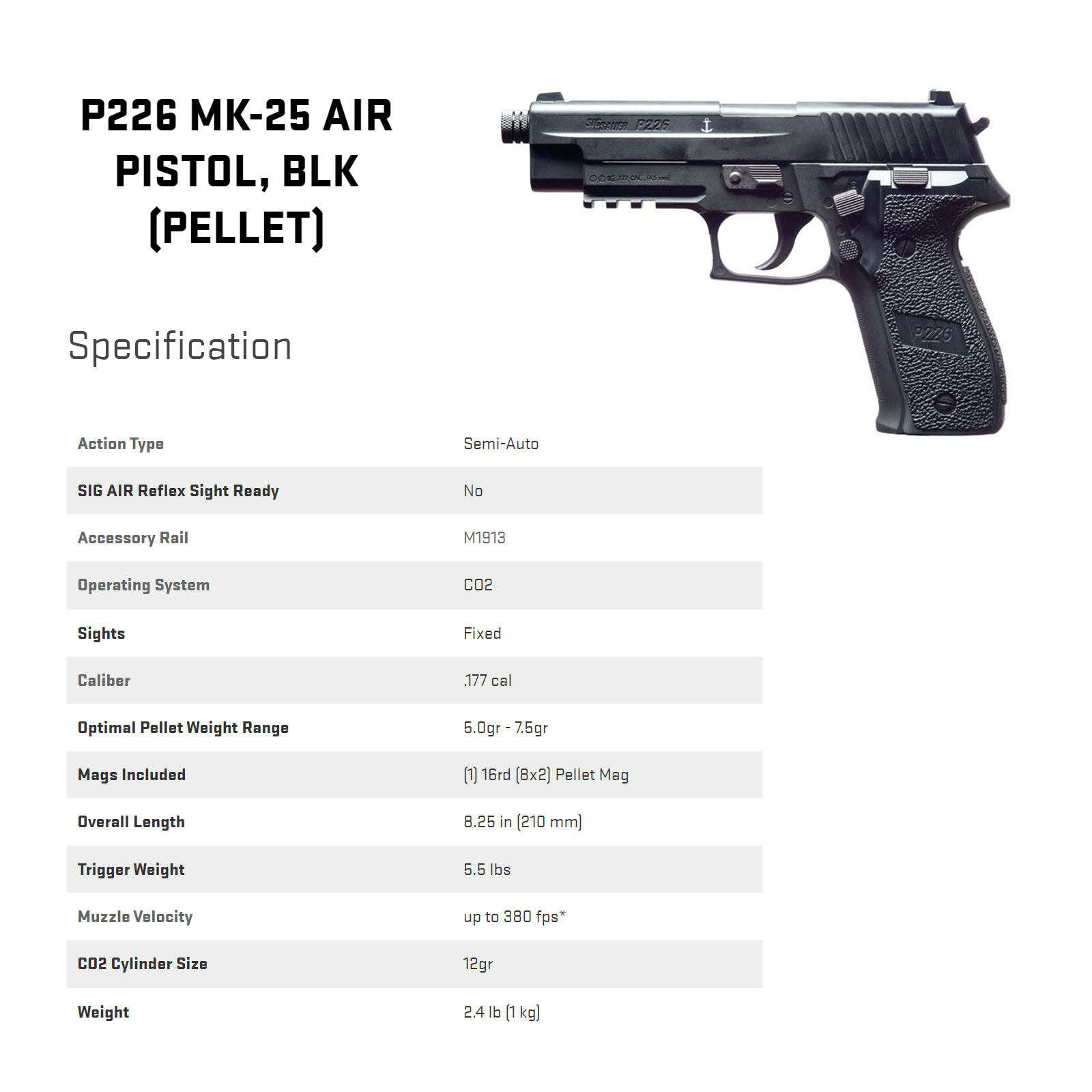 Sig Sauer P226 177mm Air Pistol AIR-226F-177-12G-16-BLK