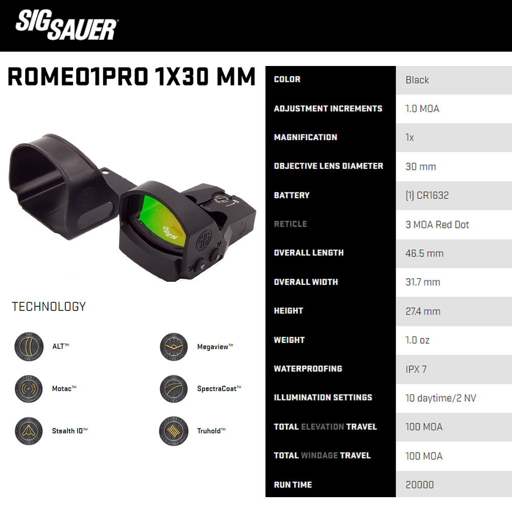 SIG SAUER ROMEO1PRO 1x30mm 3 MOA Red Dot Sight SOR1P100