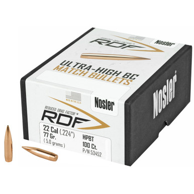 Shop NOSLER RDF, .224 Diameter, 22 Caliber, 77 Grain, Hollow Point Boat Tail, 100 Count 53452. Buy best Rifle Bullets from gritrsports.com | Reviews and Shipping options available