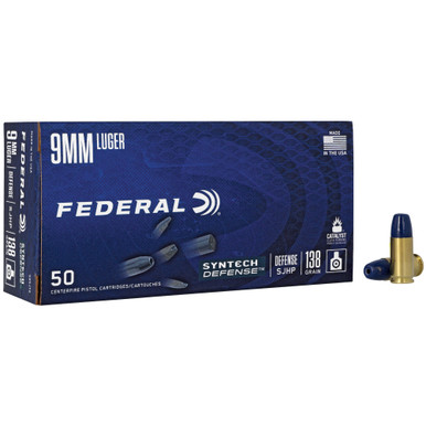 Shop Federal Syntech Defense with Catalyst Clean Burning Primer, 9MM, 138 Grain, Semi Jacketed Hollow Point, 50, Round Box S9SJT2. Buy best Handgun Ammo from gritrsports.com | Reviews and Shipping options available