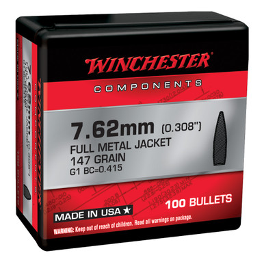 WINCHESTER AMMO Components 762mm FMJ 147 Grain 100 Rifle Bullets WB762M147X
