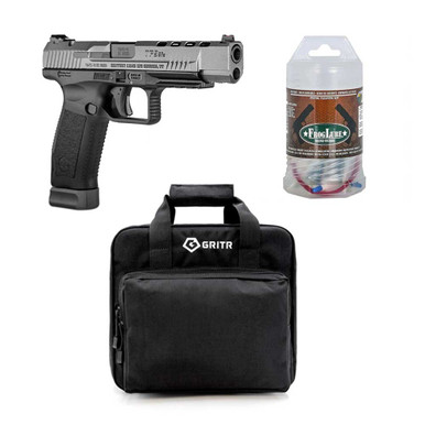 Shop CANIK TP9SFX 9mm 5.25in Barrel 2x 20Rd Mag Two-Tone Pistol with FROGLUBE Mini-Tube Pistol Caliber Cleaning Kit and GRITR Soft Black Pistol Case. Buy best Pistols from gritrsports.com | Reviews and Shipping options available
