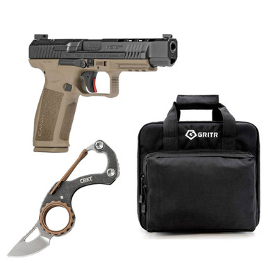 Shop CANIK Mete SFX 9mm 5.2in 18rd/20rd FDE Semi-Automatic Pistol With CRKT Compano Carabiner Folding Knife And GRITR Soft Pistol Case. Buy best Pistols from gritrsports.com | Reviews and Shipping options available