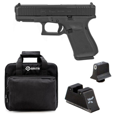 Shop GLOCK G19 Gen5 Compact MOS 9mm 4.02in 3x 10rd Mags Semi-Automatic Pistol and TRIJICON Suppressor/Optic Height Sights for Glock Standard Frames, GRITR Soft Black Pistol Case. Buy best Pistols from gritrsports.com | Reviews and Shipping options available