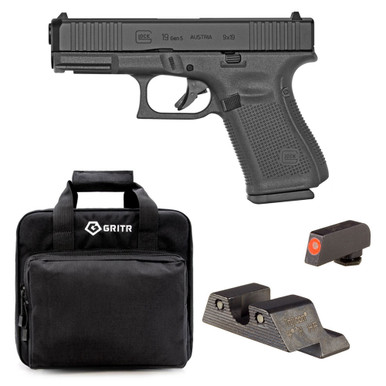 Shop GLOCK G19 Gen5 Compact 9mm 4.02in 3x 15rd Mags Semi-Automatic Pistol and TRIJICON HD XR Night Sights for Glock Standard Frames, GRITR Soft Black Pistol Case. Buy best Pistols from gritrsports.com | Reviews and Shipping options available