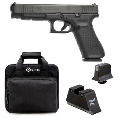 Shop GLOCK G34 Gen5 Competition MOS 9mm 5.31in 3x 17rd Mags Semi-Automatic Pistol and TRIJICON Suppressor/Optic Height Sights for Glock Standard Frames, GRITR Soft Black Pistol Case. Buy best Pistols from gritrsports.com | Reviews and Shipping options available