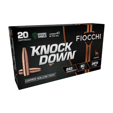 FIOCCHI KnockDown 243 Winchester 80Gr 3415 FPS 20rd Lead Free Copper Hollow Point Bullets 243CHA