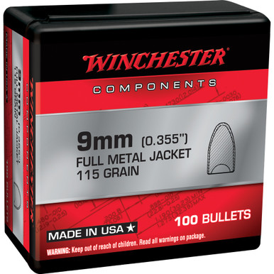 WINCHESTER AMMO Components 9mm FMJ Concave 115 Grain 100 Handgun Bullets (WB9MC115X)
