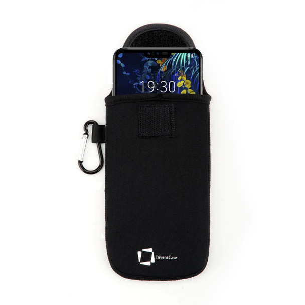 InventCase Neoprene Impact Resistant Protective Pouch Case Cover Bag with Secure Fastening and Aluminium Carabiner for LG V50 ThinQ 2019 - Black