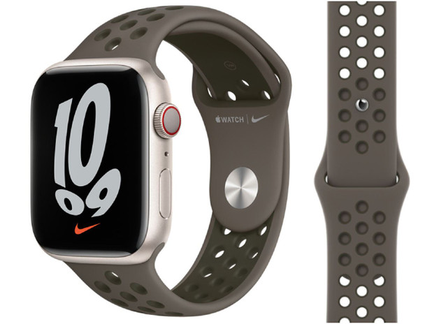 Official Apple Watch Nike Sport Band Strap 42mm / 44mm / 45mm / 49mm - Olive Gray / Cargo Khaki - Open retail box