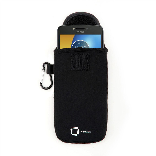 InventCase Neoprene Impact Resistant Protective Pouch Case Cover Bag with Velcro Closure and Aluminium Carabiner for Motorola Moto E4 Plus - Black