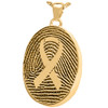 Awareness Ribbon over Fingerprint Oval Solid 14k Gold Memorial Cremation Pendant Necklace