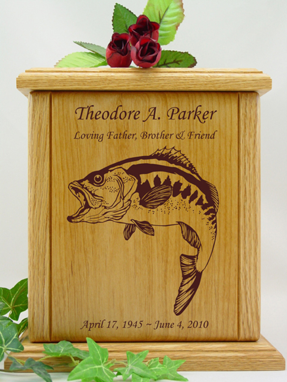 Bass Fish Engraved Wood Cremation Urn