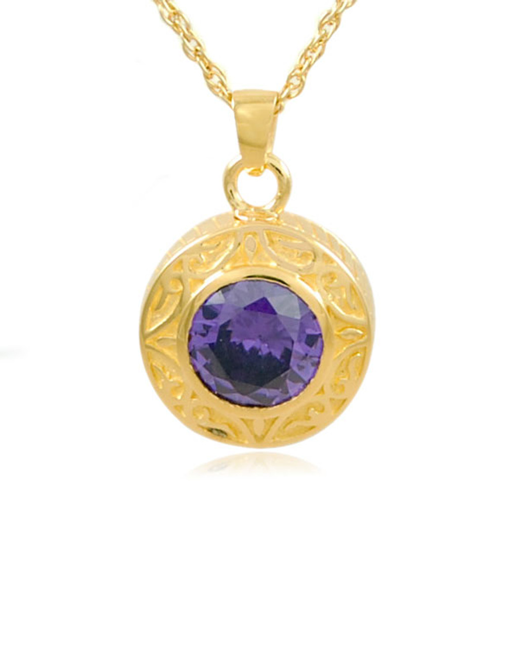 Amethyst Round Gold Vermeil Cremation Jewelry Pendant Necklace