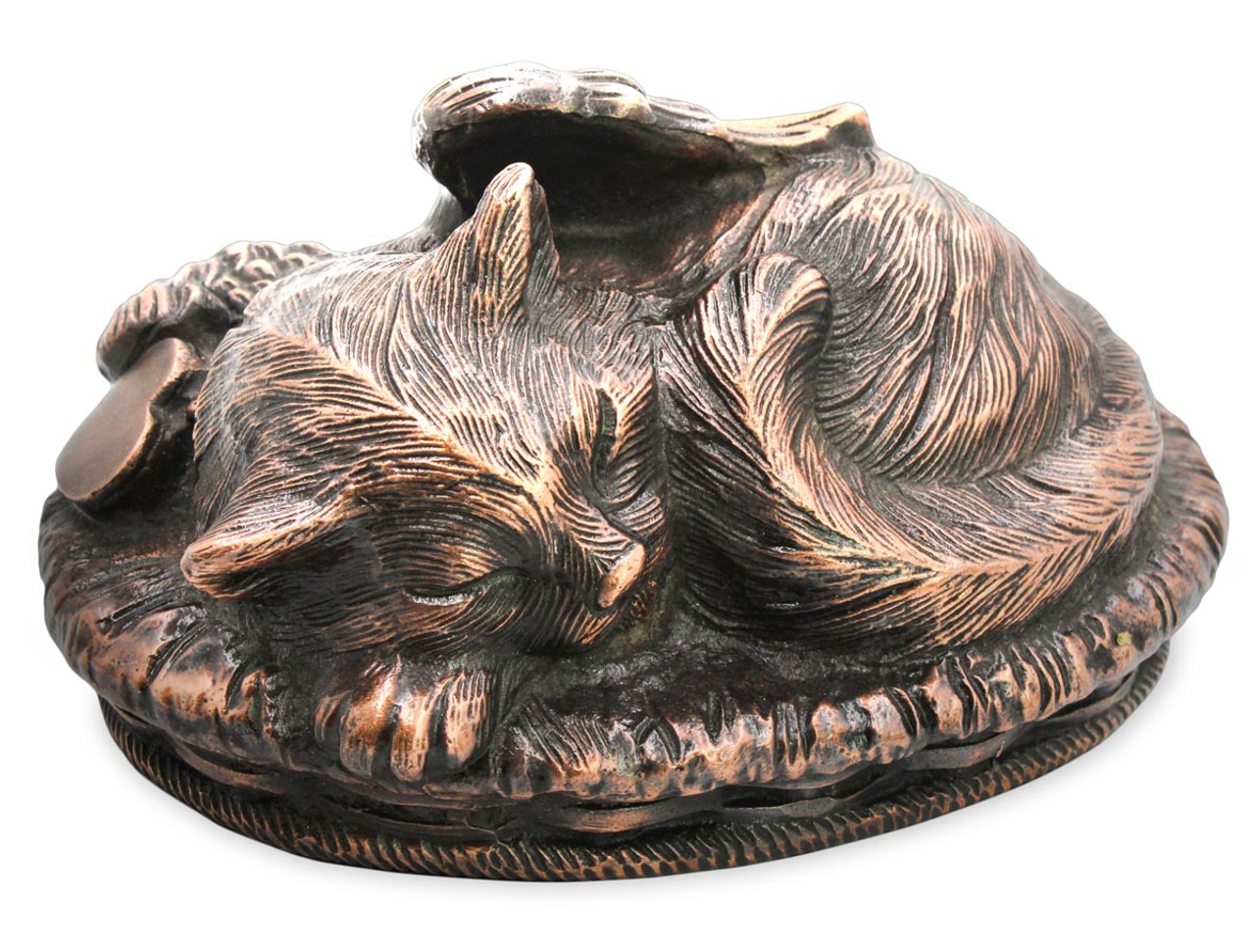 Pet Memorial Angel Cat Sleeping in Basket Cremation Urn Bronze