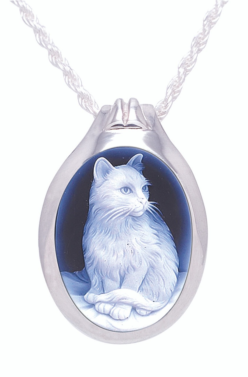 Cat Cameo Sterling Silver Pet Cremation Jewelry Pendant Necklace