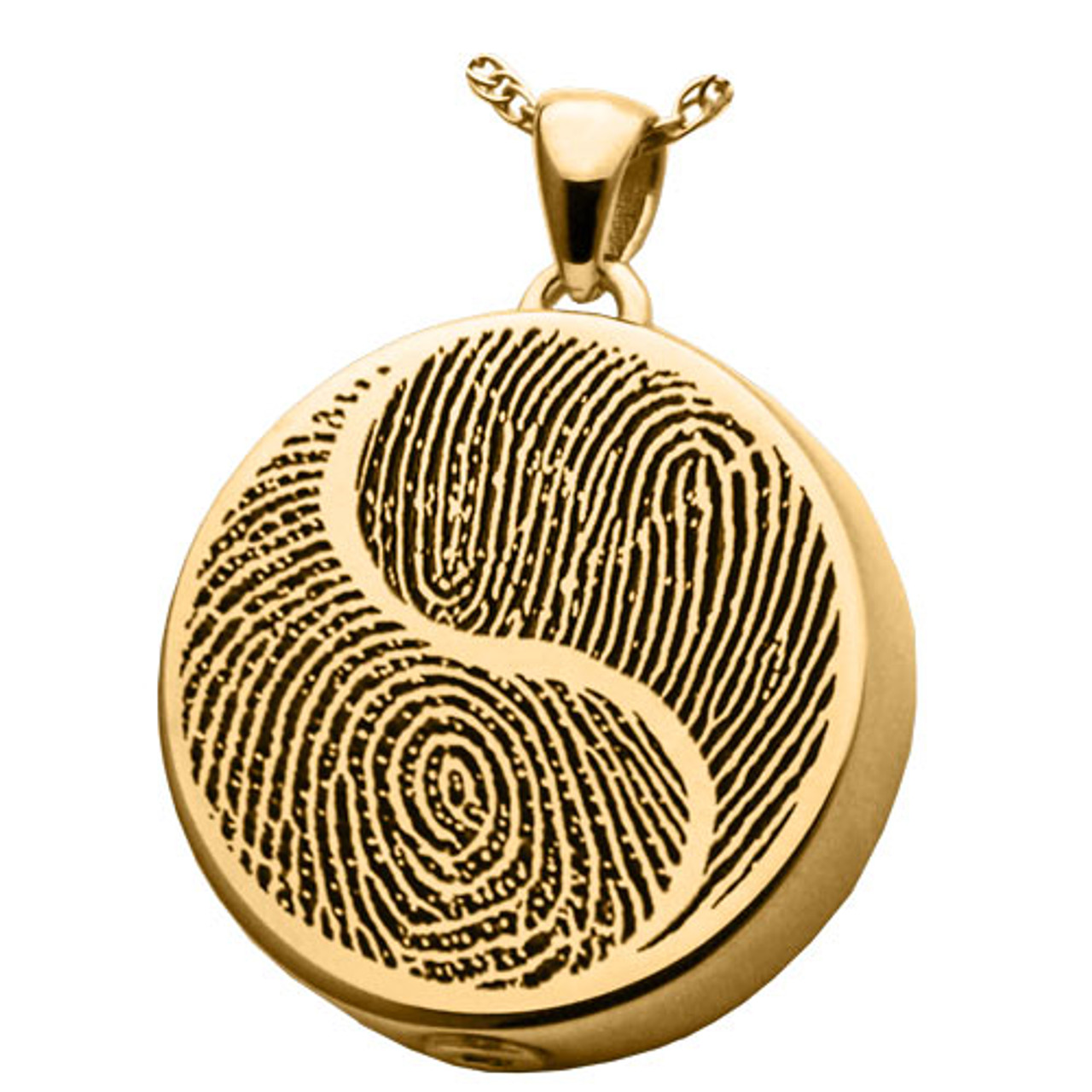 Yin Yang Fingerprint Round Solid 14k Gold Cremation Pendant Necklace