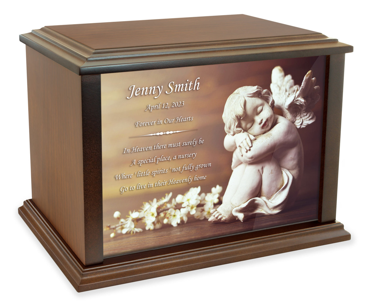 Cherub Guardian Angel Baby Eternal Reflections Wood Cremation Urn - Urns for Ashes by Mainely Urns