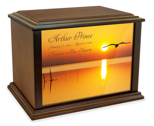 Bird in Flight at Sunset Eternal Reflections Wood Cremation Urn